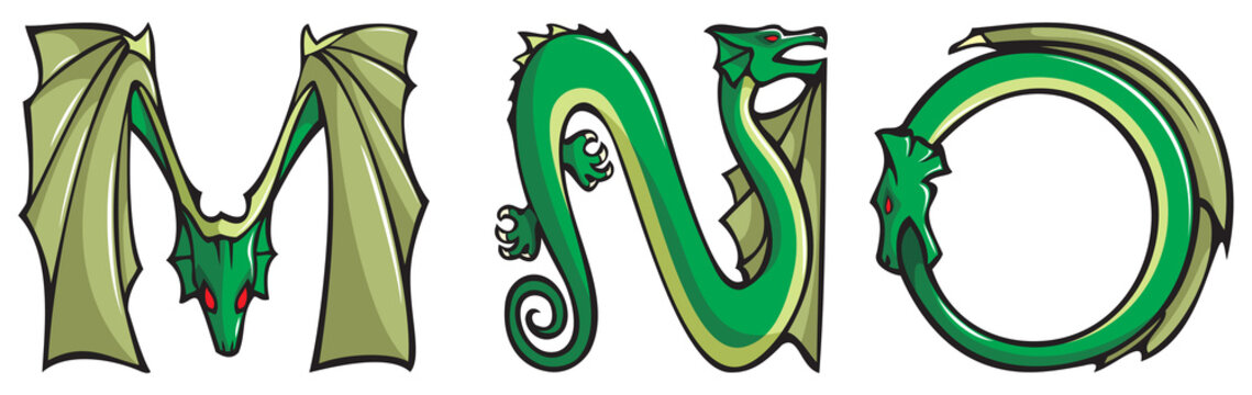Dragons alphabet series, letters M,N,O, fantasy font, vector