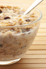 Muesli with milk close-up