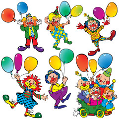 Funny clowns with balloons on a white background.