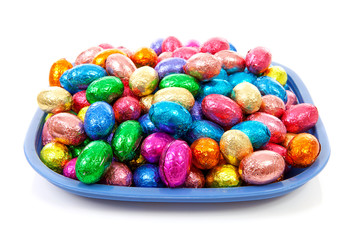 plate with colorful easter eggs over white background