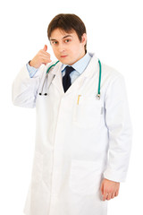 Fototapeta premium Authoritative medical doctor showing contact me gesture