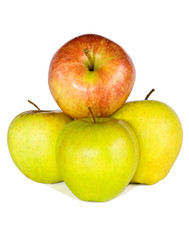 Tree green apples and one red apple.