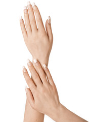 Gesturing of woman hand. Skin-care. Female arms