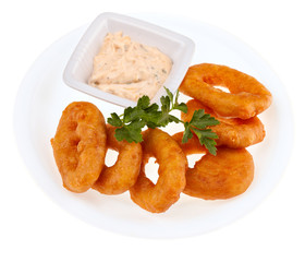 fried squid rings with a cheese sauce