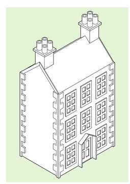 Isometric Drawing of 3 story DollHouse. White Outline Version.