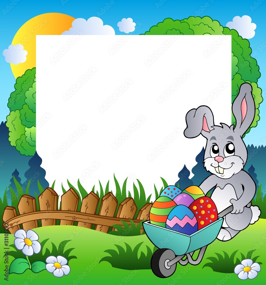 Sticker Easter frame with bunny and barrow