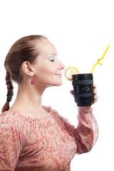 Woman with telephoto lens cup
