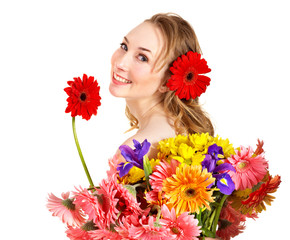 Young woman holding flower.