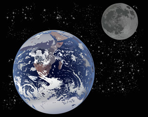 earth and moon on star background