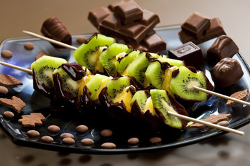 fruit skewers and chocolate candies