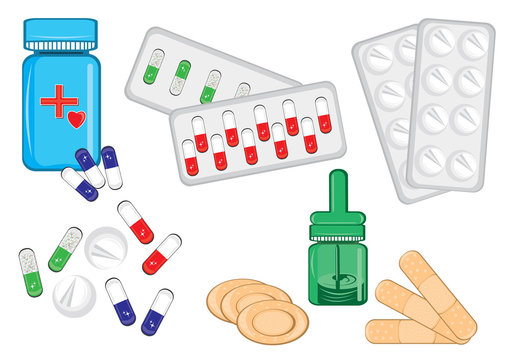 Different medical bottles and tablets