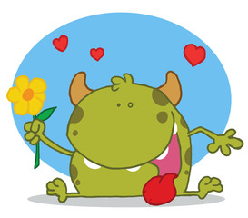 Happy Green Monster Holding A Yellow Flower