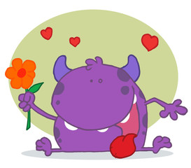 Happy Purple Monster Holding A Yellow Flower
