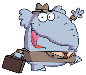 Friendly Business Elephant Waving And Walking To Work