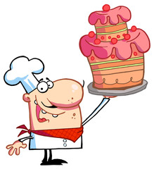 Proud Chef Holding Up A Masterpiece Layered Cake