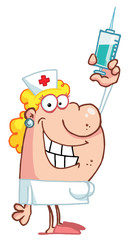 Friendly Female Caucasian Nurse Holding Up A Syringe