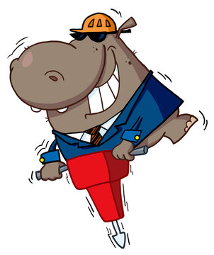 Happy Hippo Worker Operating A Vibrating Jackhammer
