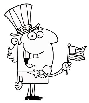 Outlined Uncle Sam Smiling And Waving A Flag