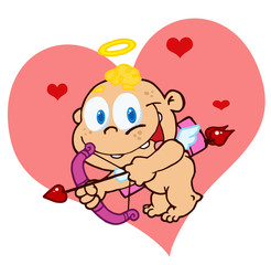 Cute Cupid with Bow and Arrow Flying In Front Of A Heart