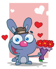 Romantic Blue Bunny Holding A Bouquet Of Valentines Flowers