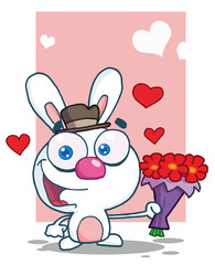 Romantic White Bunny Holding A Bouquet Of Valentines Flowers