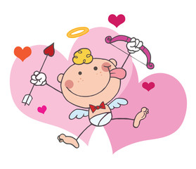 Stick Cupid with Bow and Arrow Flying With Hearts
