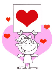 Stick Blond Girl Cupid Holding A Red Heart Sign