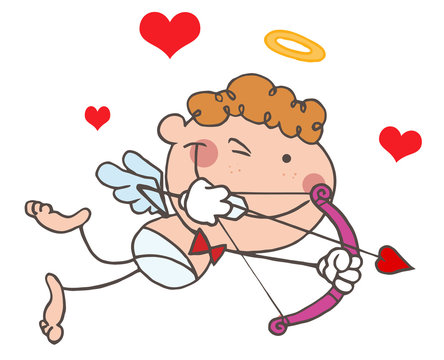 Stick Cupid with Bow and Arrow Flying With Heart