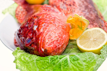 Fresh fish with with cabbage and lemon.