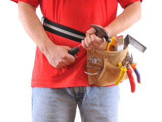 Construction worker with hammer isolated on white background.