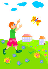 Obraz na płótnie Canvas boy runs across the field after a butterfly