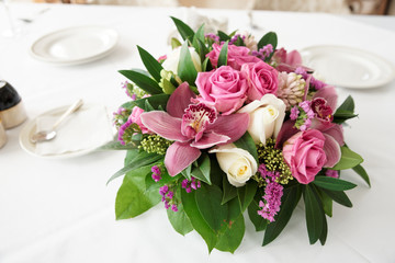 Boquet of orchid flowers and tulips