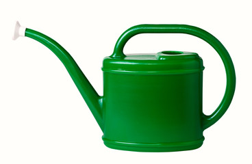 Green plastic watering can, isolated on a white background.