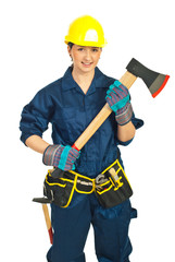 Constructor worker female with hatchet