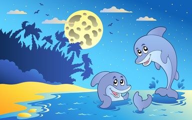 Paysage marin de nuit avec deux dauphins