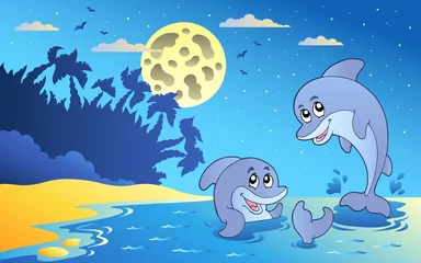 Papier Peint Lavable Dauphins Paysage marin de nuit avec deux dauphins