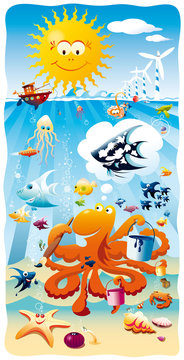 Kreativer Krake - Illustration einer Unterwasserwelt mit Oktopus im Meer mit Meeresbewohnern wie Tintenfisch, Clownfisch und weiteren Fischen, zeigt ein schönes idealisiertes Ökosystem