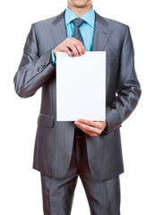 businessman holding a blank white board