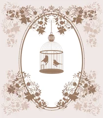 Cercles muraux Oiseaux en cages Fond vintage avec des fleurs et des oiseaux en cage.