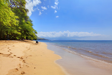 Maui Beach with chair and fishing rods and yellow sand