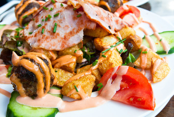 meatball, bacon and potatoes