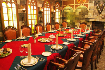 Fototapeta na wymiar Interior of classic European restaurant, Knight hall