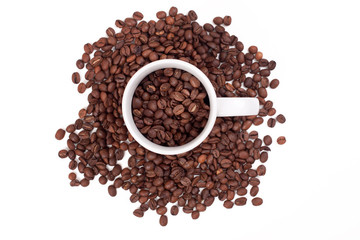 coffee beans in a cup on a white background