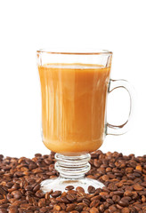 Cup of coffee and roasted beans