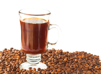 Cup of coffee and roasted beans