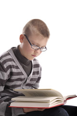 boy reading a book on white background