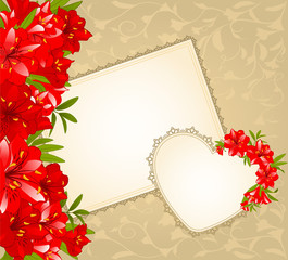 Beautiful background with lace frame and hearts  and flowers