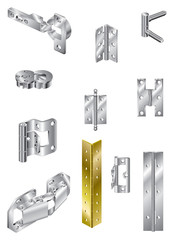 Selection of steel hinges and one brass - obrazy, fototapety, plakaty