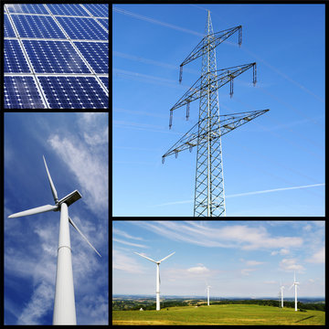 Collage: Solar panels, wind power, pylon, ...