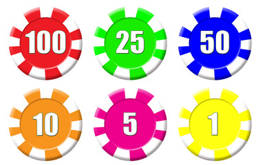 Set of roulette chips isolated on white, vector illustration